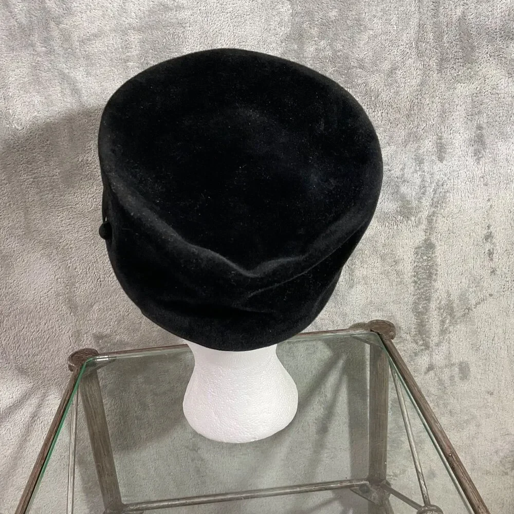 VTG Pierre Renaud Sakowitz Salon Pill Box Hat Black Velvet w hat pin/ Bow